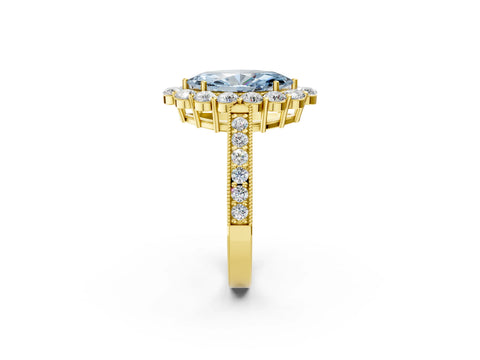 Yellow gold Fancy Blue Marquise Cut Cut Halo Diamond Pavé Engagement Ring with Milgrain Detailing_2