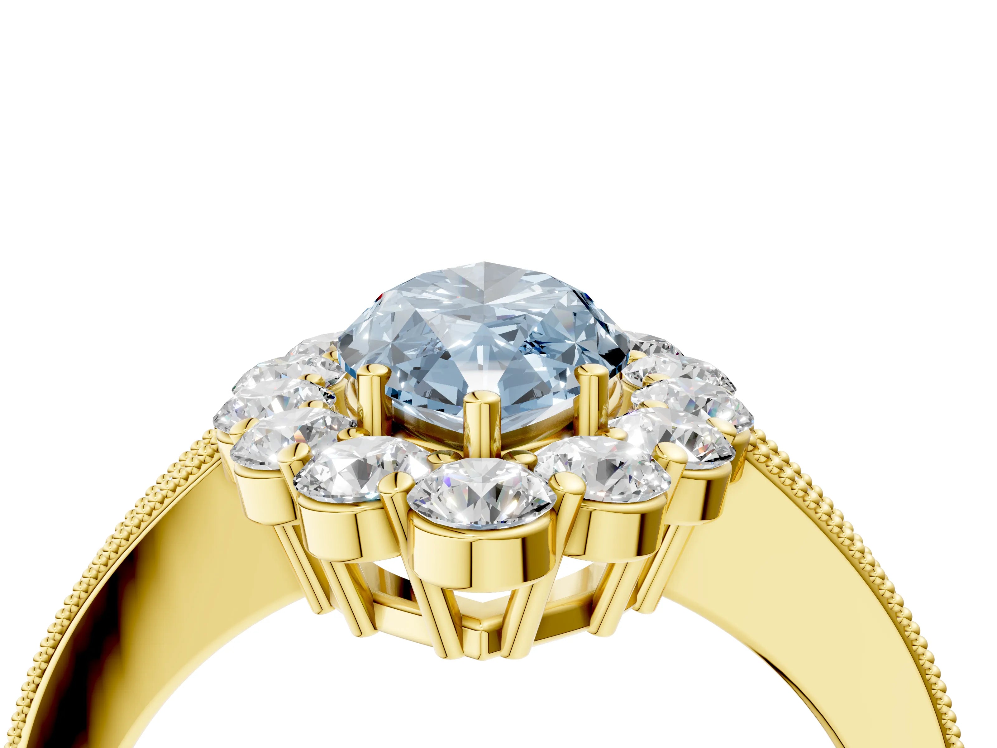 Yellow gold Fancy Blue Marquise Cut Cut Halo Diamond Pavé Engagement Ring with Milgrain Detailing_4