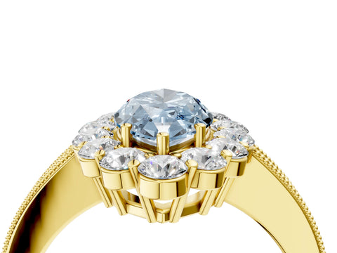 Yellow gold Fancy Blue Marquise Cut Cut Halo Diamond Pavé Engagement Ring with Milgrain Detailing_4