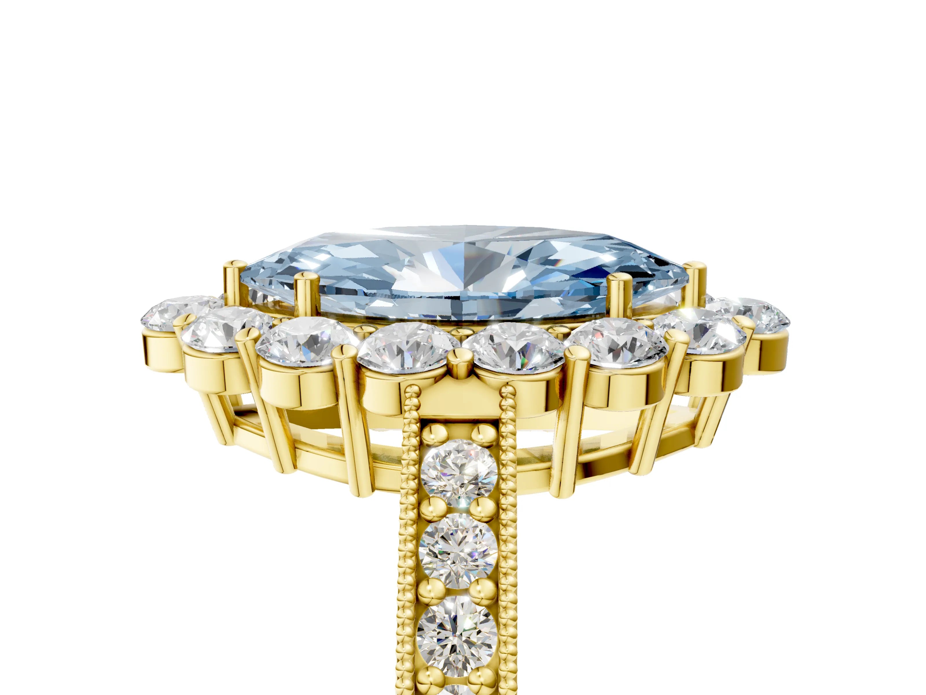 Yellow gold Fancy Blue Marquise Cut Cut Halo Diamond Pavé Engagement Ring with Milgrain Detailing_5