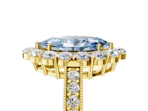 Yellow gold Fancy Blue Marquise Cut Cut Halo Diamond Pavé Engagement Ring with Milgrain Detailing_5