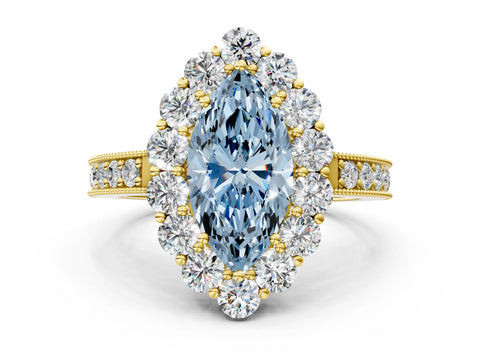 Yellow gold Fancy Blue Marquise Cut Cut Halo Diamond Pavé Engagement Ring with Milgrain Detailing