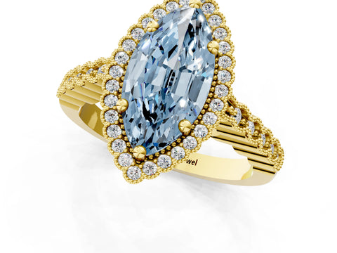 Yellow gold Fancy Blue Marquise Cut Cut Halo Pavé Solitaire Ring with Milgrain Band_1