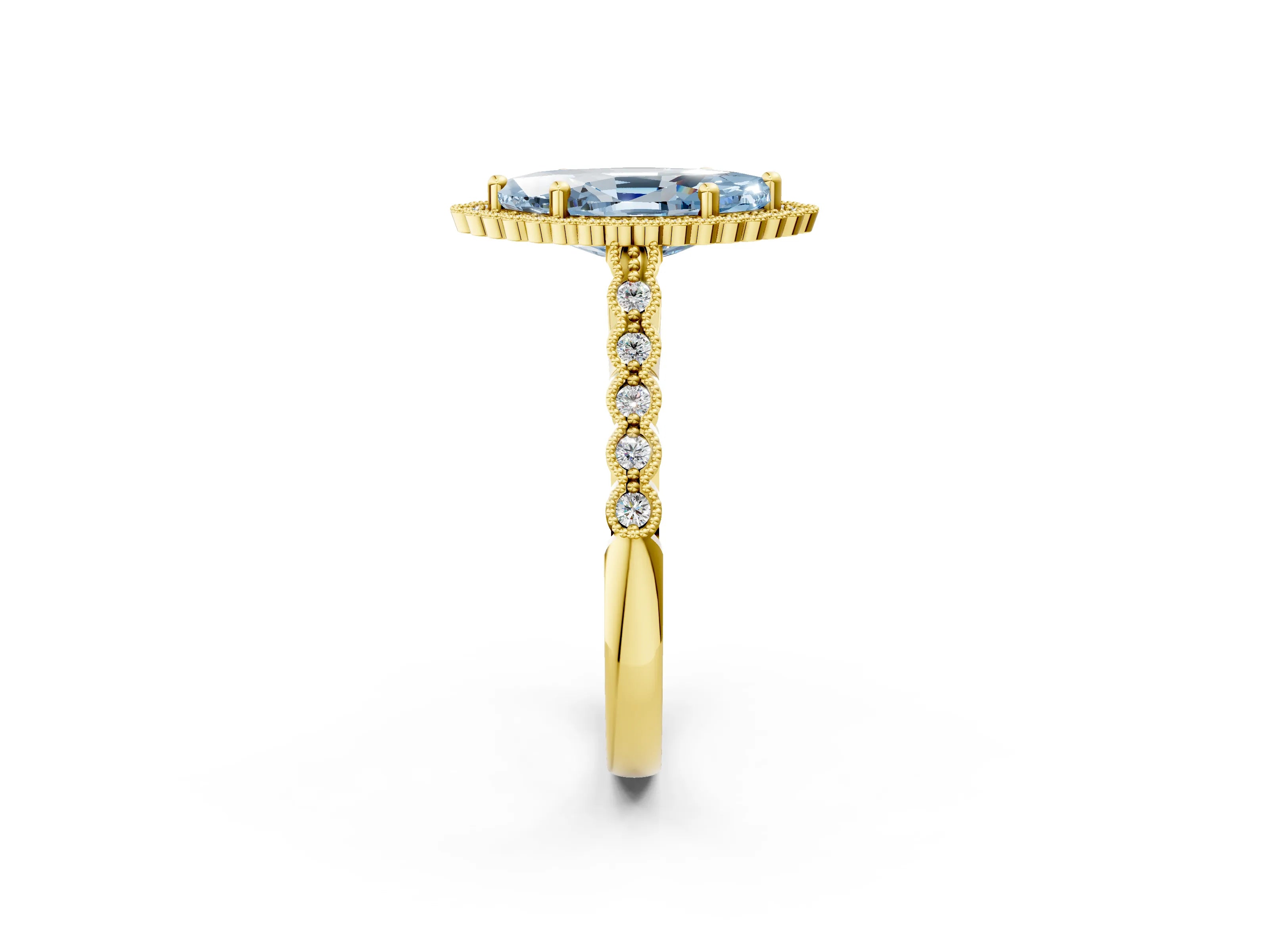 Yellow gold Fancy Blue Marquise Cut Cut Halo Pavé Solitaire Ring with Milgrain Band_2