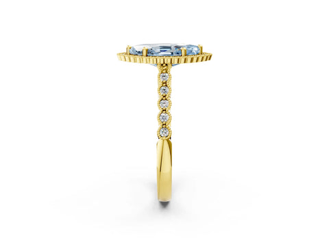 Yellow gold Fancy Blue Marquise Cut Cut Halo Pavé Solitaire Ring with Milgrain Band_2