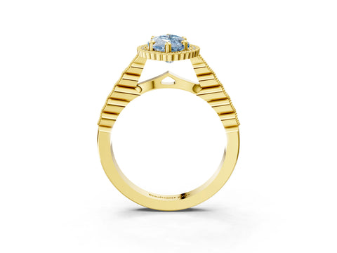 Yellow gold Fancy Blue Marquise Cut Cut Halo Pavé Solitaire Ring with Milgrain Band_3