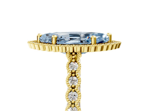 Yellow gold Fancy Blue Marquise Cut Cut Halo Pavé Solitaire Ring with Milgrain Band_5