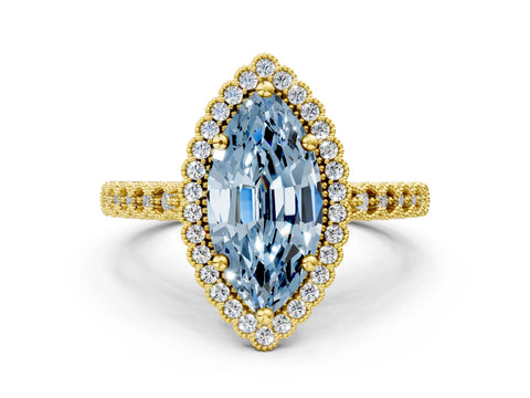 Yellow gold Fancy Blue Marquise Cut Cut Halo Pavé Solitaire Ring with Milgrain Band
