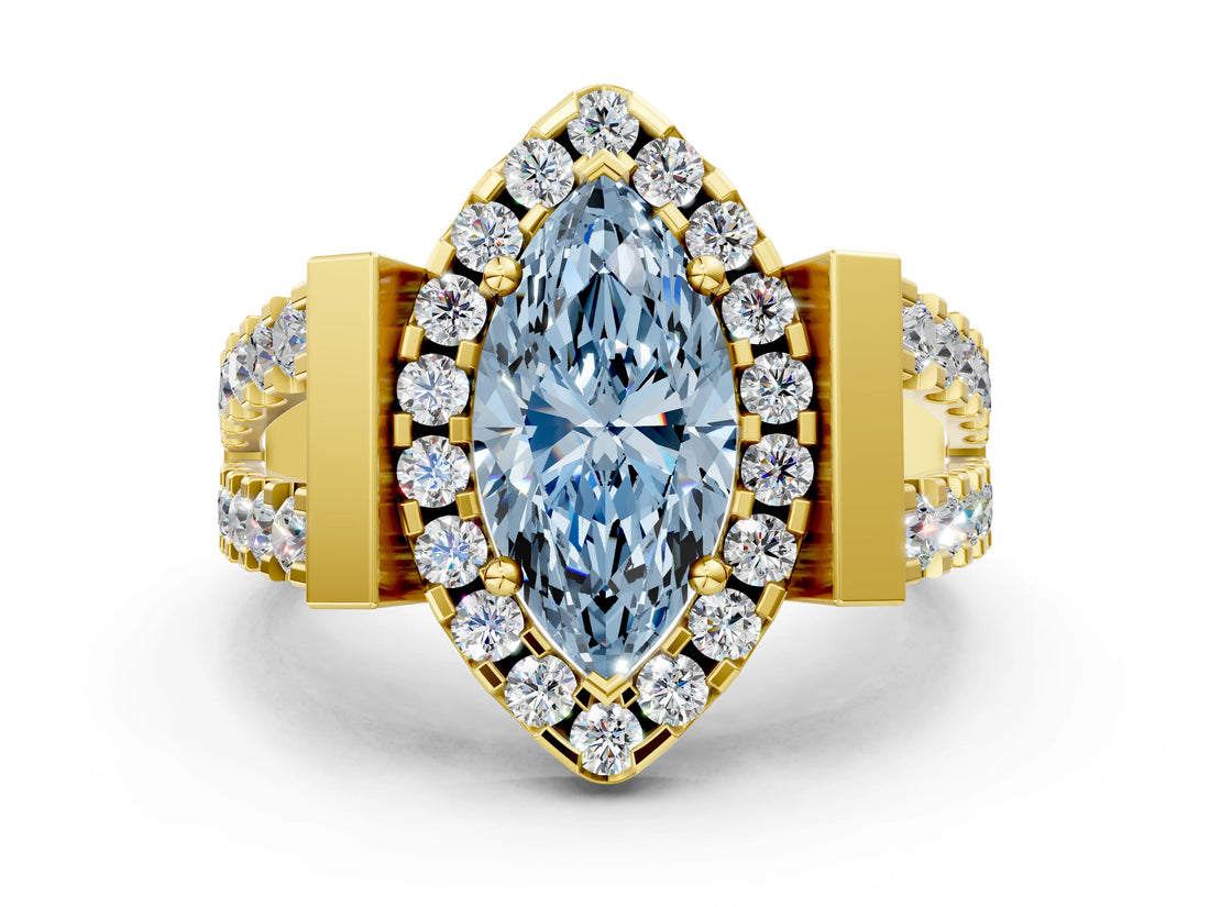 Yellow gold Fancy Blue Marquise Cut Cut Halo Split Shank Prong Set Ring_36