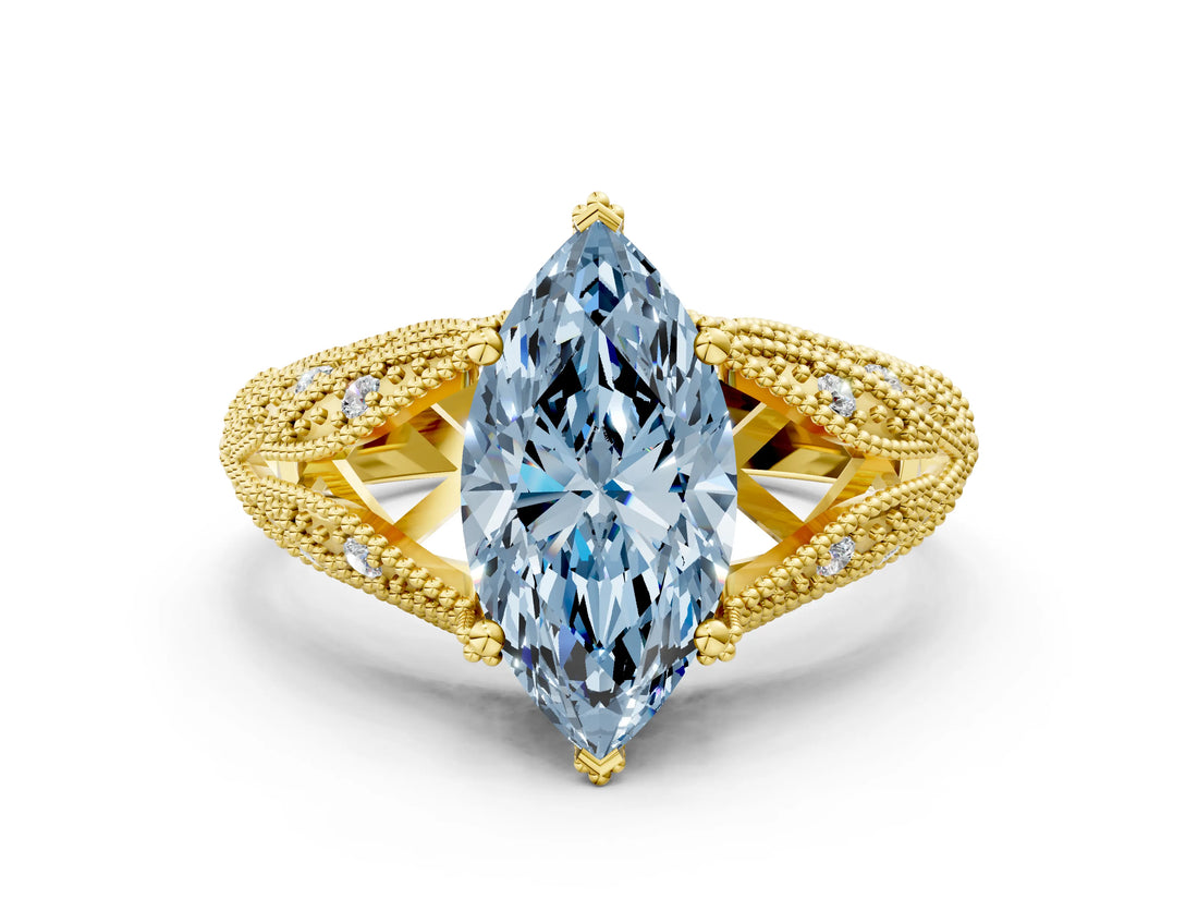 Yellow gold Fancy Blue Marquise Cut Cut Milgrain Pave Diamond Engagement Ring with Four-Prong Setting_3
