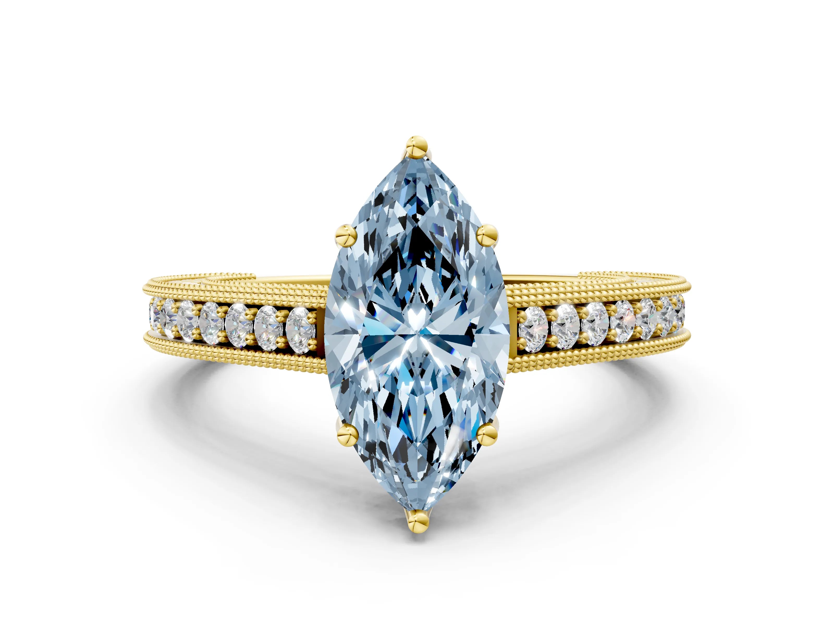 Yellow gold Fancy Blue Marquise Cut Cut Pave Band Milgrain Solitaire Ring