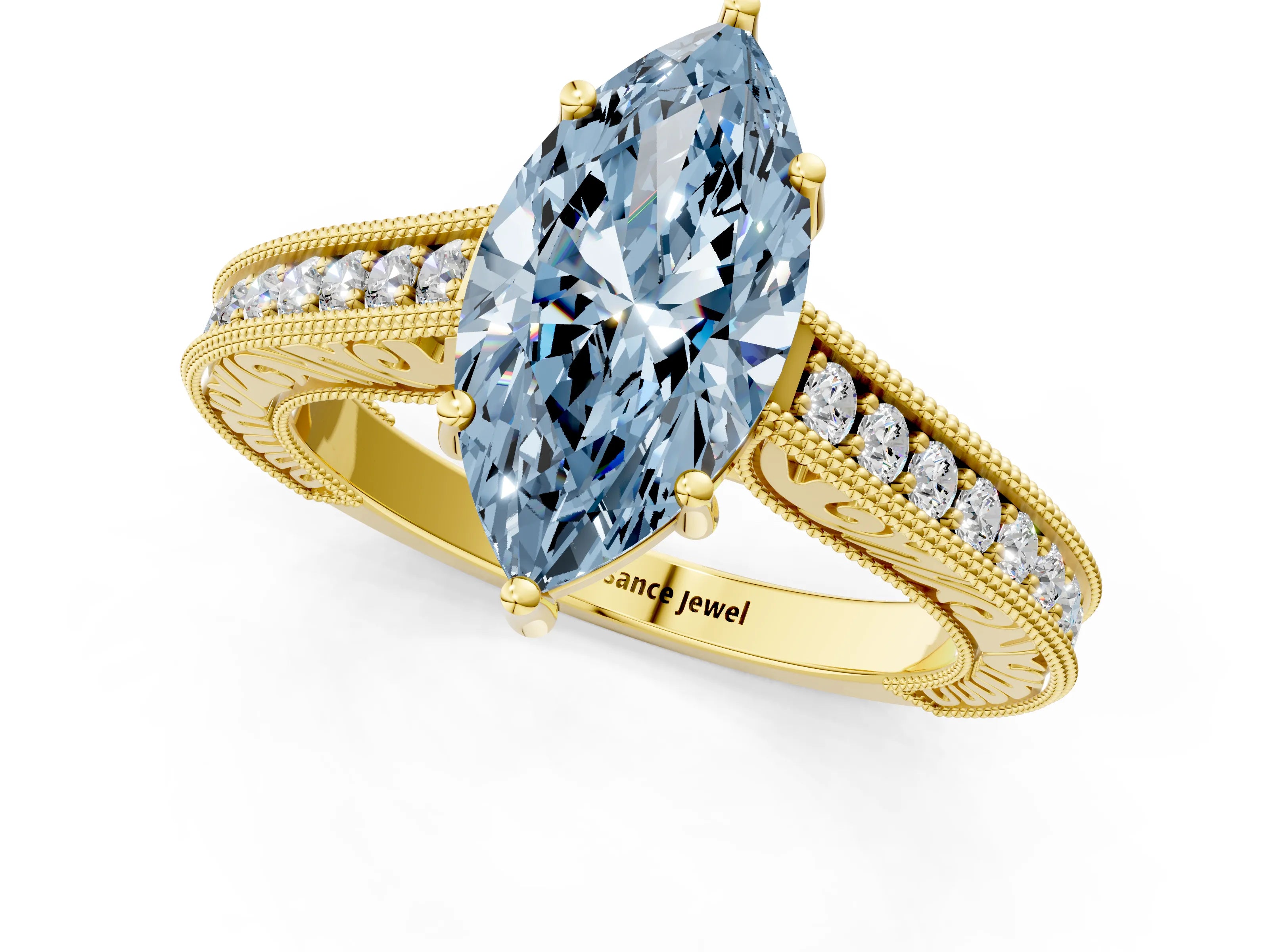 Yellow gold Fancy Blue Marquise Cut Cut Pave Band Milgrain Solitaire Ring_1