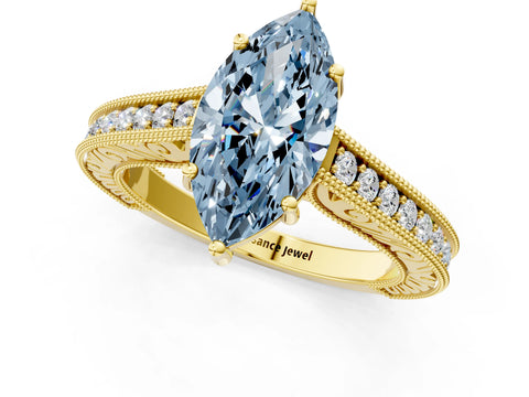 Yellow gold Fancy Blue Marquise Cut Cut Pave Band Milgrain Solitaire Ring_1