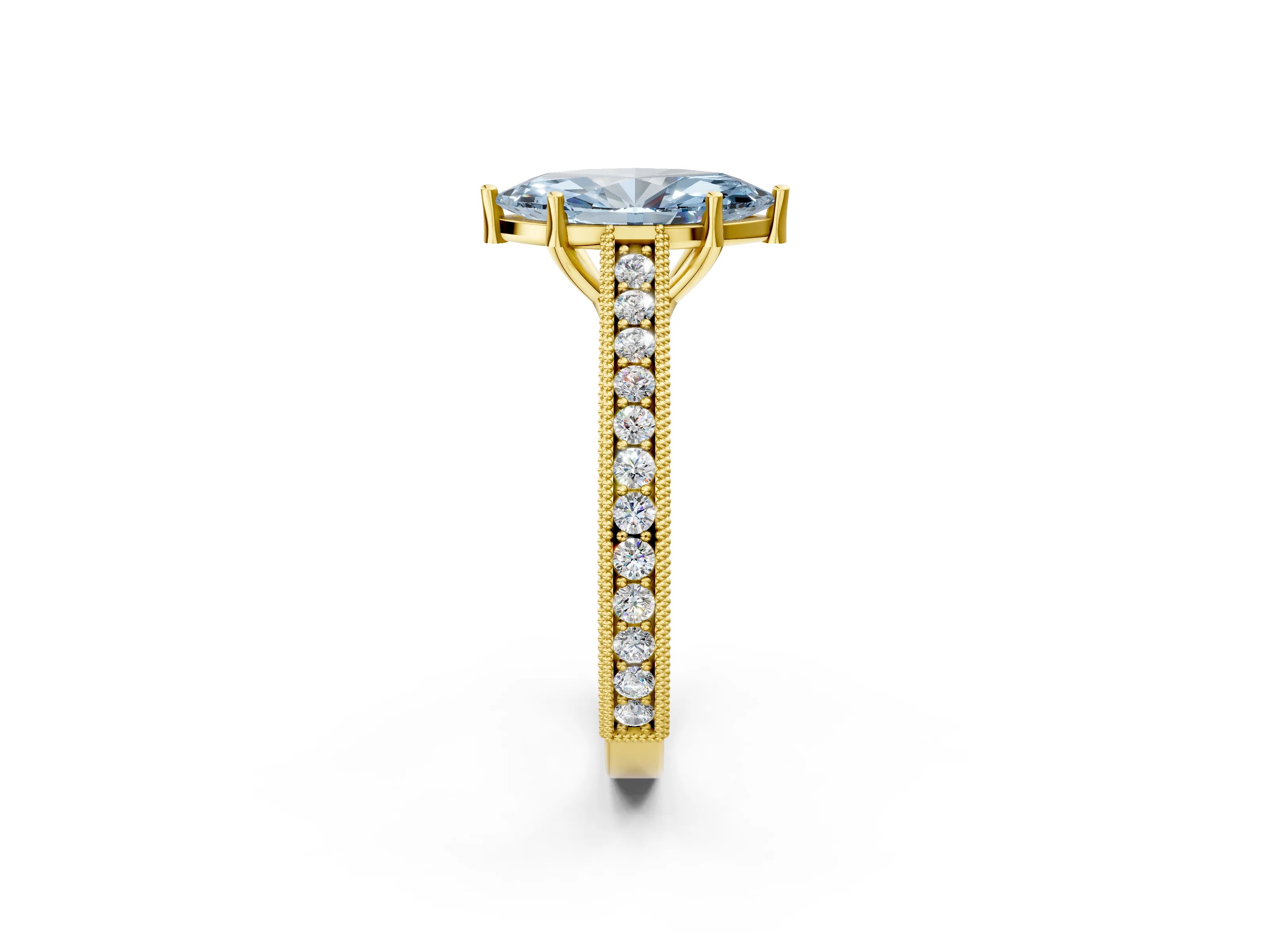Yellow gold Fancy Blue Marquise Cut Cut Pave Band Milgrain Solitaire Ring_2