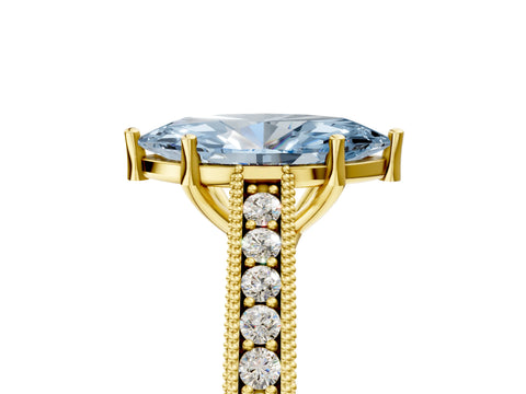 Yellow gold Fancy Blue Marquise Cut Cut Pave Band Milgrain Solitaire Ring_5