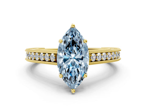 Yellow gold Fancy Blue Marquise Cut Cut Pave Band Milgrain Solitaire Ring