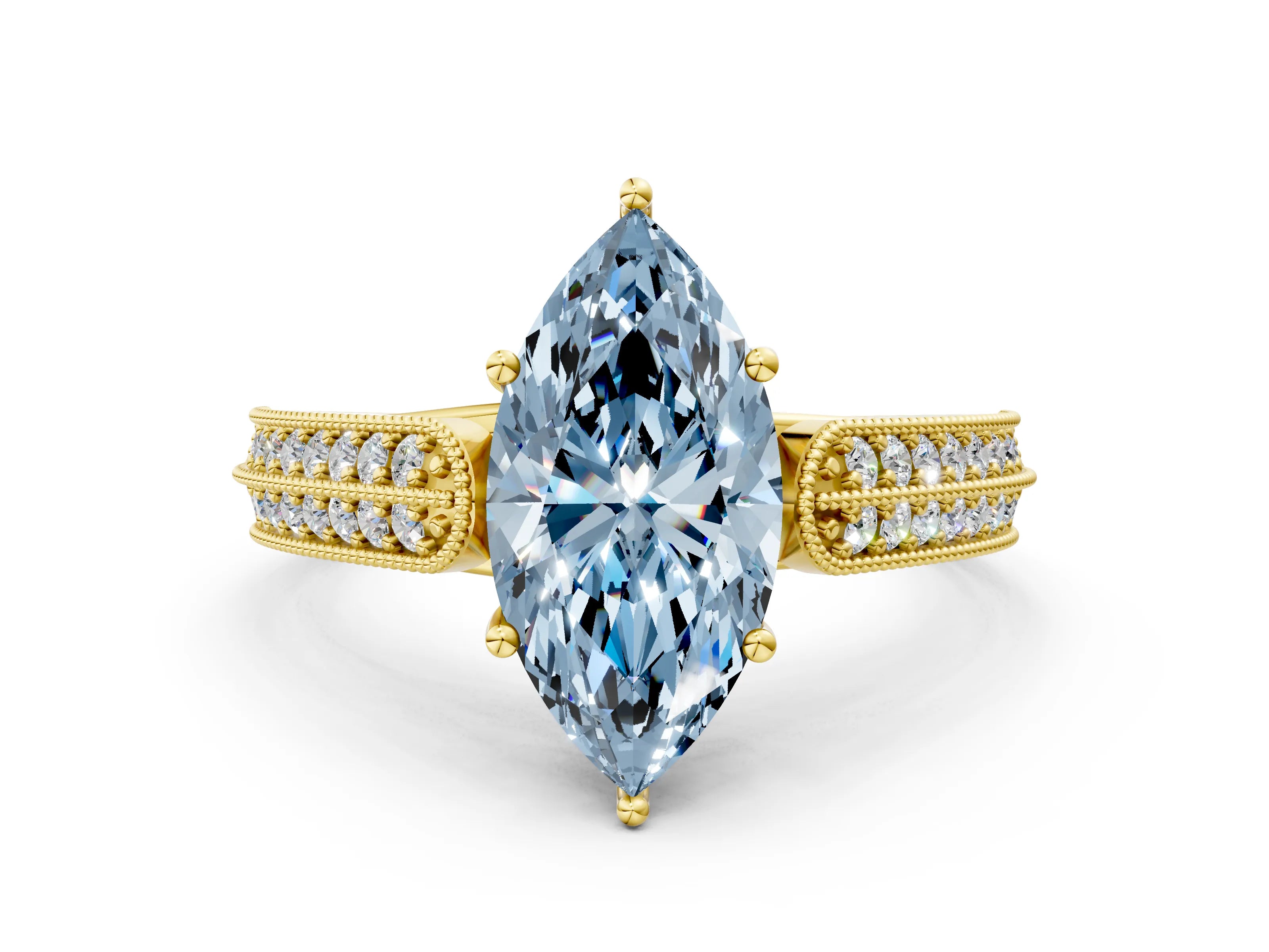 Yellow gold Fancy Blue Marquise Cut Cut Pave Split Shank Engagement Ring with Four-Prong Setting
