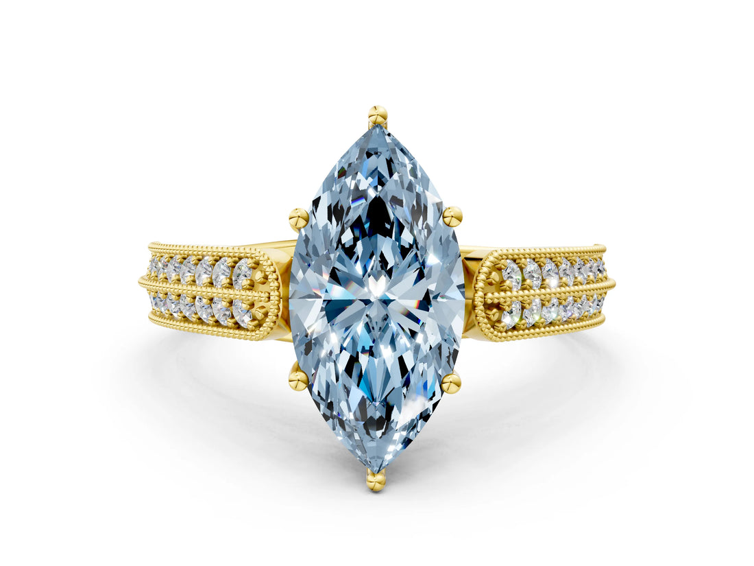 Yellow gold Fancy Blue Marquise Cut Cut Pave Split Shank Engagement Ring with Four-Prong Setting