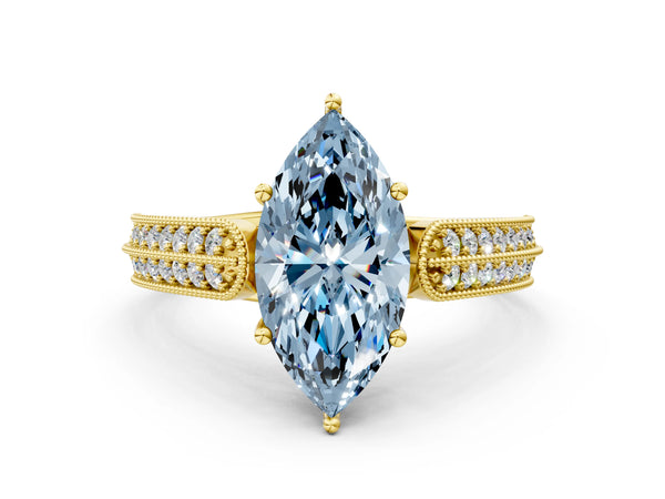 Yellow gold Fancy Blue Marquise Cut Cut Pave Split Shank Engagement Ring with Four-Prong Setting