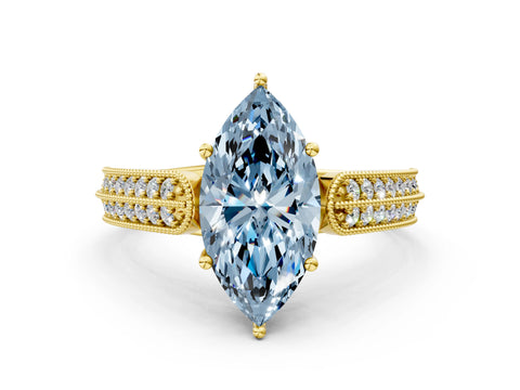 Yellow gold Fancy Blue Marquise Cut Cut Pave Split Shank Engagement Ring with Four-Prong Setting