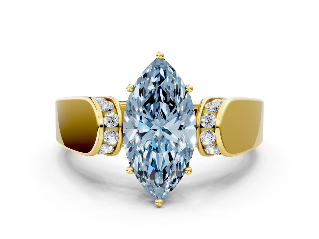 Yellow gold Fancy Blue Marquise Cut Diamond Channel Set Solitaire Ring with Four-Prong Setting_12