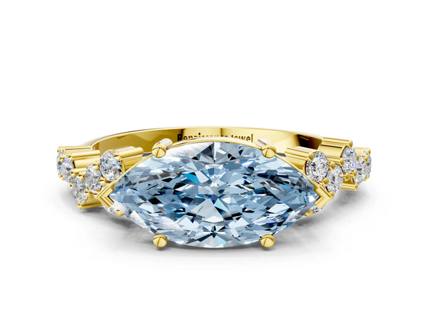 Yellow gold Fancy Blue Marquise Cut Diamond Cluster Pavé Band with Four-Prong Setting