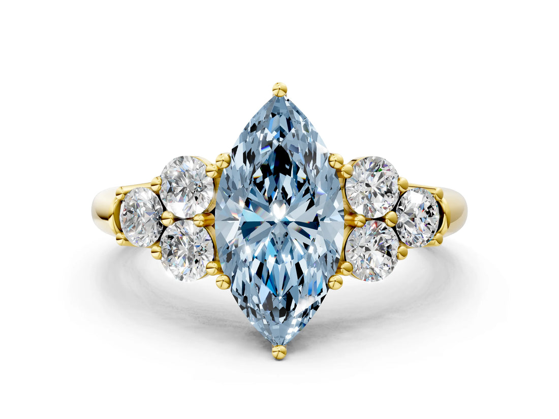Yellow gold Fancy Blue Marquise  Cut Diamond Cluster Ring with Round Accent Stones and Prong Setting on a Classic Band_49