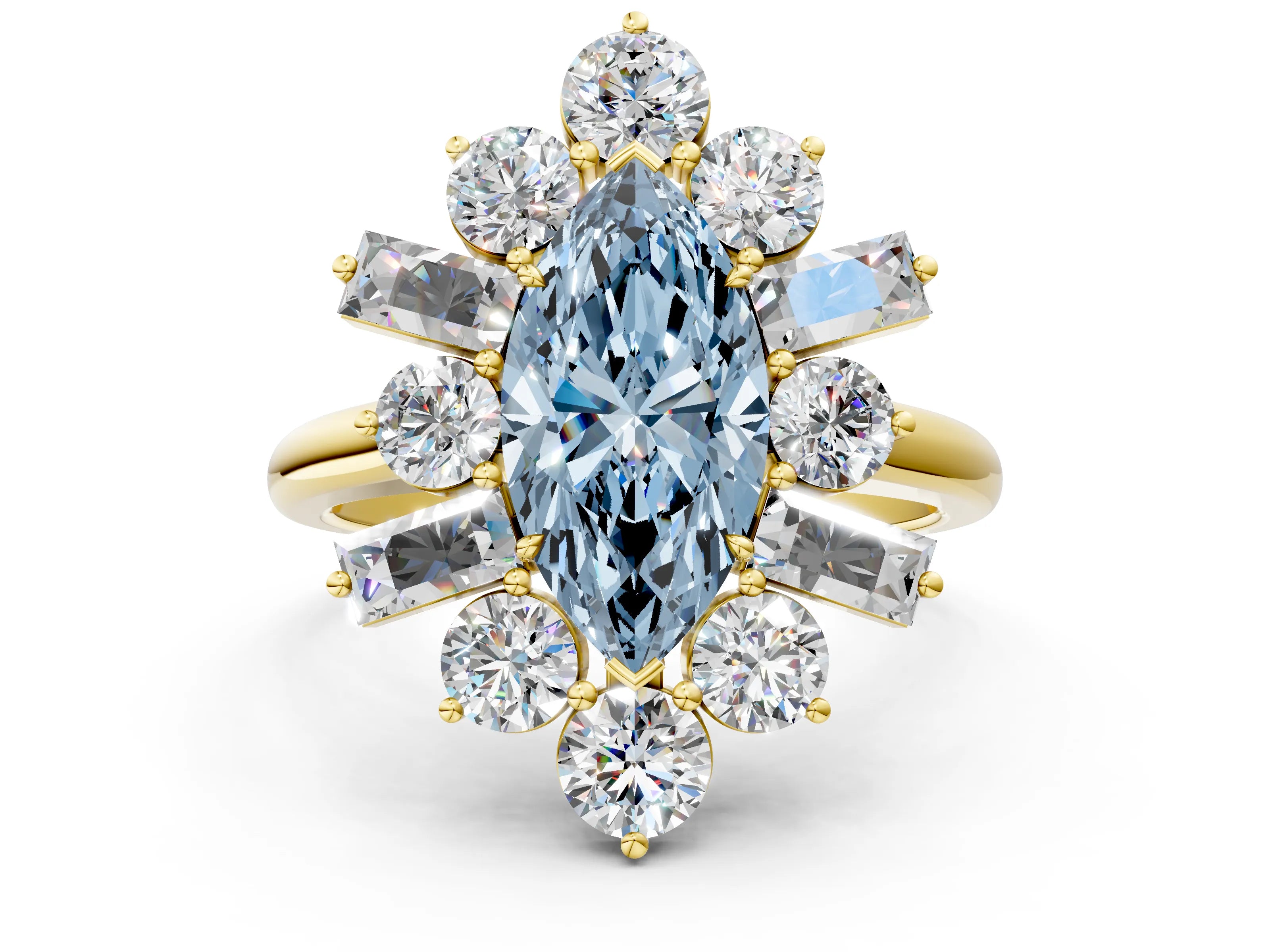 Yellow gold Fancy Blue Marquise Cut Diamond Cluster Ring with Round and Baguette Stones, Split Shank Band, Prong Setting