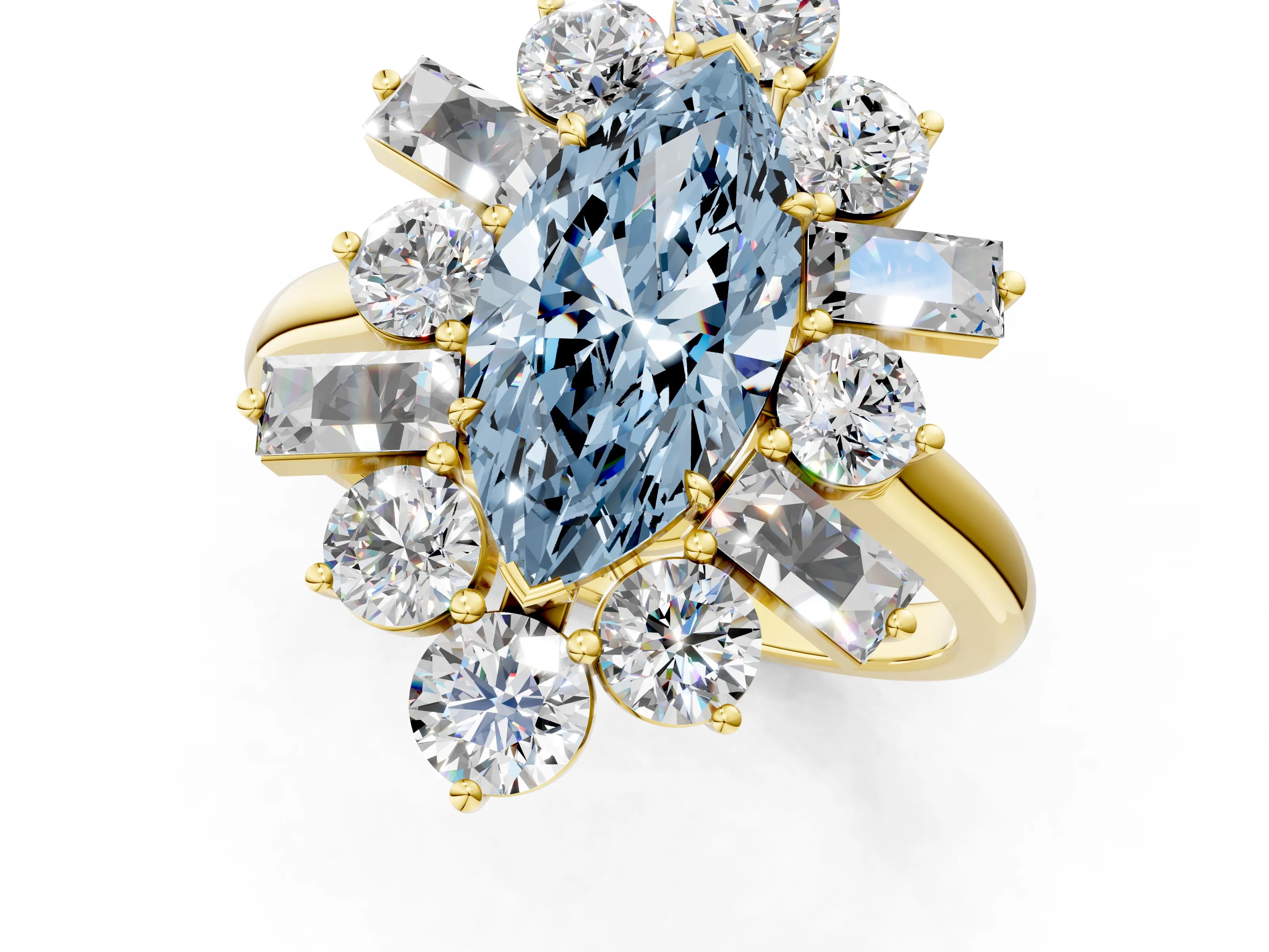 Yellow gold Fancy Blue Marquise Cut Diamond Cluster Ring with Round and Baguette Stones, Split Shank Band, Prong Setting_1