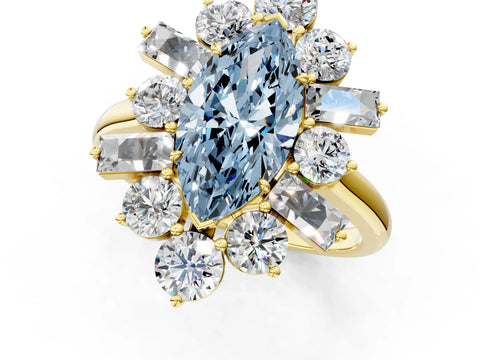 Yellow gold Fancy Blue Marquise Cut Diamond Cluster Ring with Round and Baguette Stones, Split Shank Band, Prong Setting_1