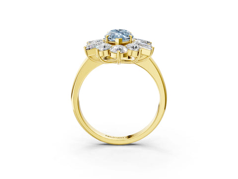 Yellow gold Fancy Blue Marquise Cut Diamond Cluster Ring with Round and Baguette Stones, Split Shank Band, Prong Setting_3