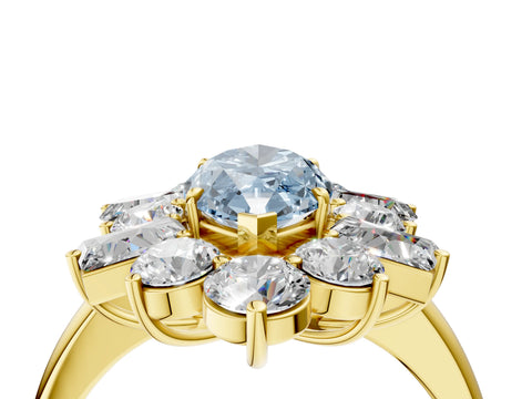 Yellow gold Fancy Blue Marquise Cut Diamond Cluster Ring with Round and Baguette Stones, Split Shank Band, Prong Setting_4