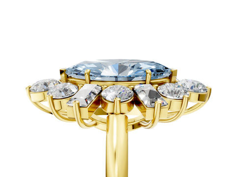 Yellow gold Fancy Blue Marquise Cut Diamond Cluster Ring with Round and Baguette Stones, Split Shank Band, Prong Setting_5