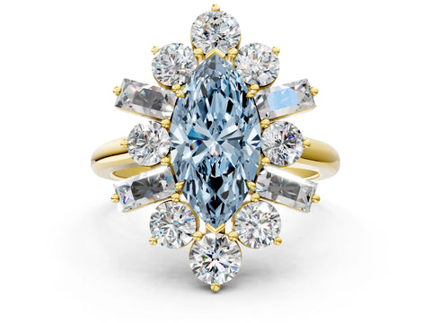 Yellow gold Fancy Blue Marquise Cut Diamond Cluster Ring with Round and Baguette Stones, Split Shank Band, Prong Setting