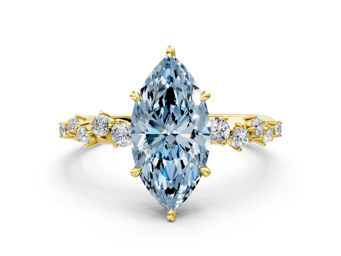 Yellow gold Fancy Blue Marquise Cut Diamond Cluster Side Stone Solitaire Ring with Prong Setting_51
