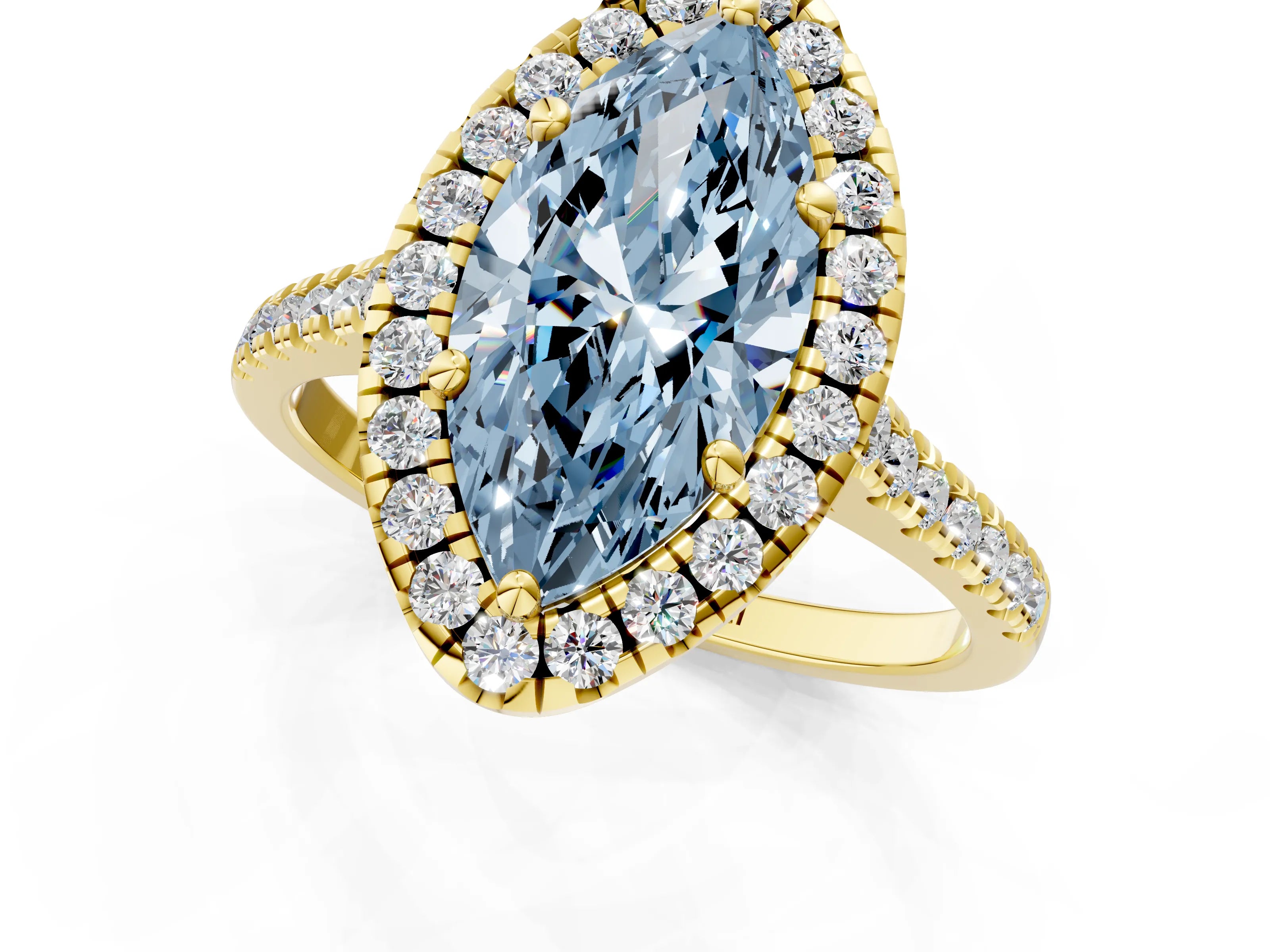 Yellow gold Fancy Blue Marquise Cut Diamond Cushion Halo Ring with Pavé Band_1