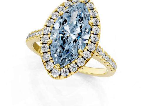 Yellow gold Fancy Blue Marquise Cut Diamond Cushion Halo Ring with Pavé Band_1