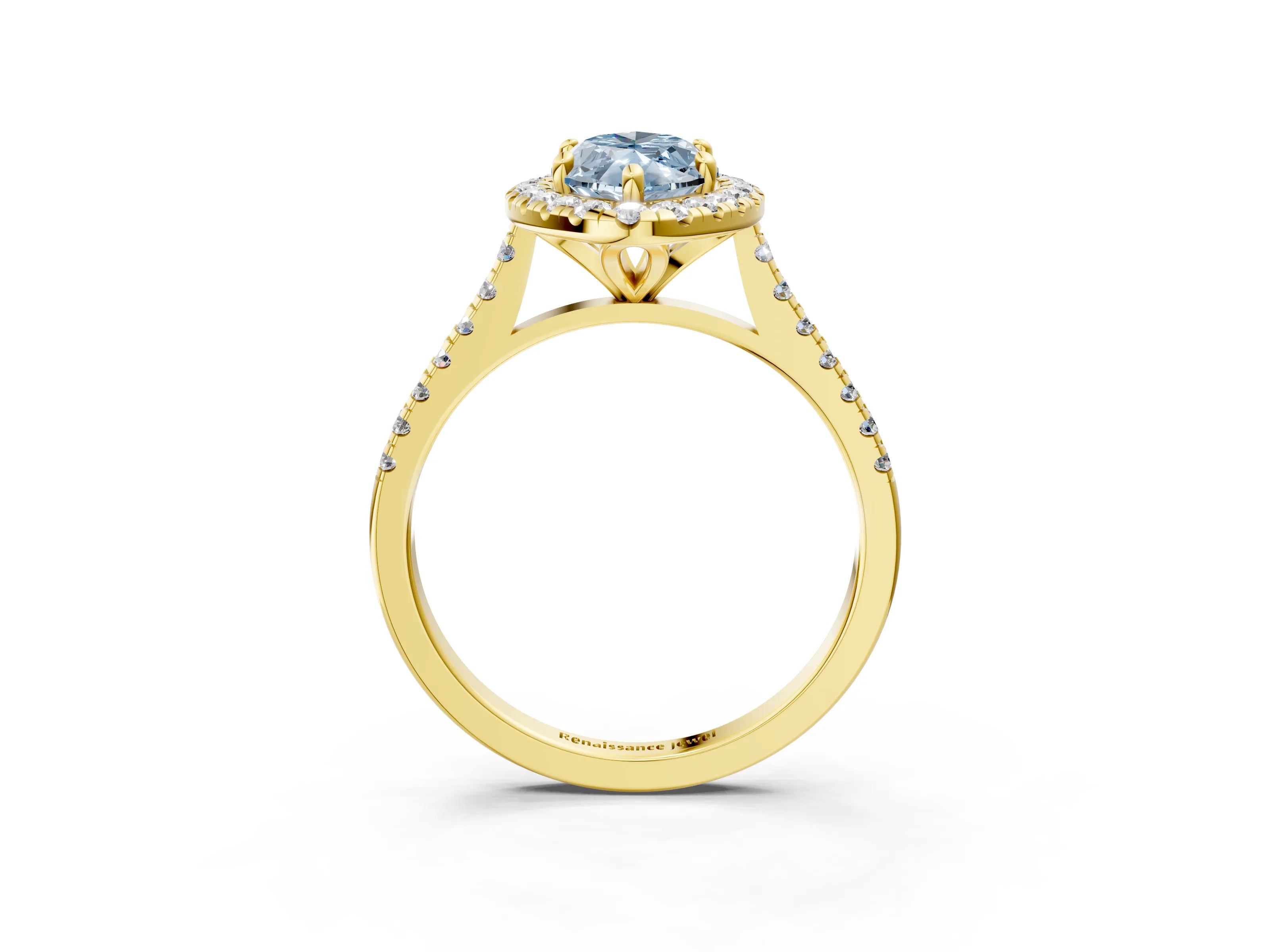 Yellow gold Fancy Blue Marquise Cut Diamond Cushion Halo Ring with Pavé Band_3