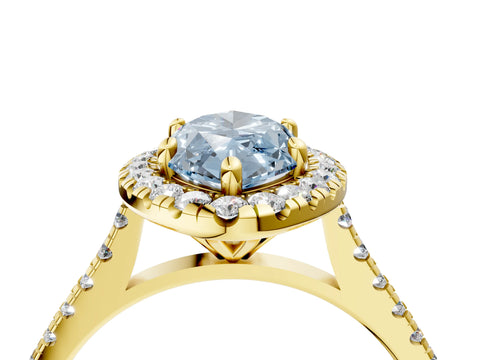 Yellow gold Fancy Blue Marquise Cut Diamond Cushion Halo Ring with Pavé Band_4