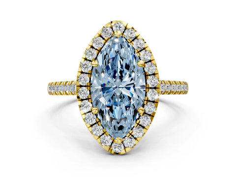 Yellow gold Fancy Blue Marquise Cut Diamond Cushion Halo Ring with Pavé Band
