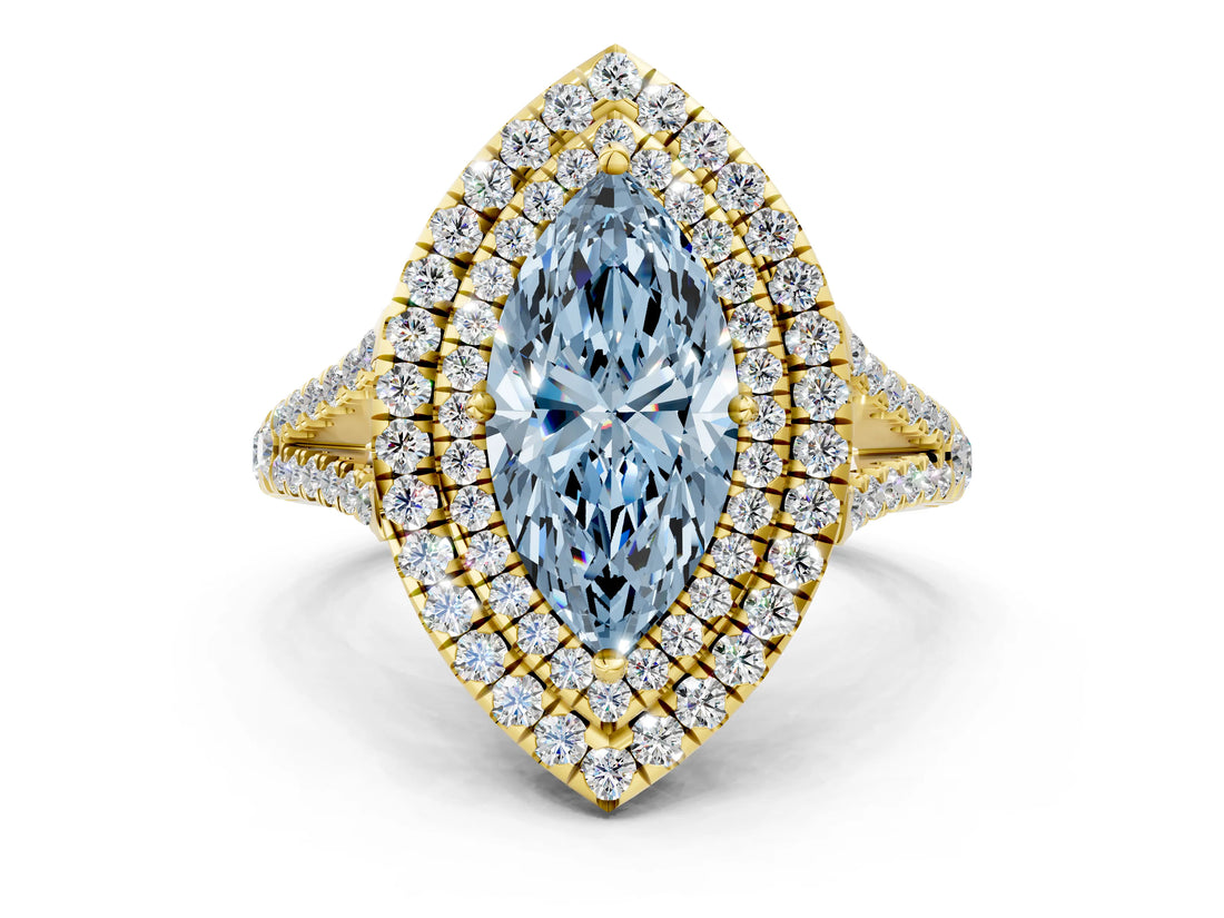 Yellow gold Fancy Blue Marquise Cut Diamond Double Halo Ring with Pavé Band and Prong Setting_57