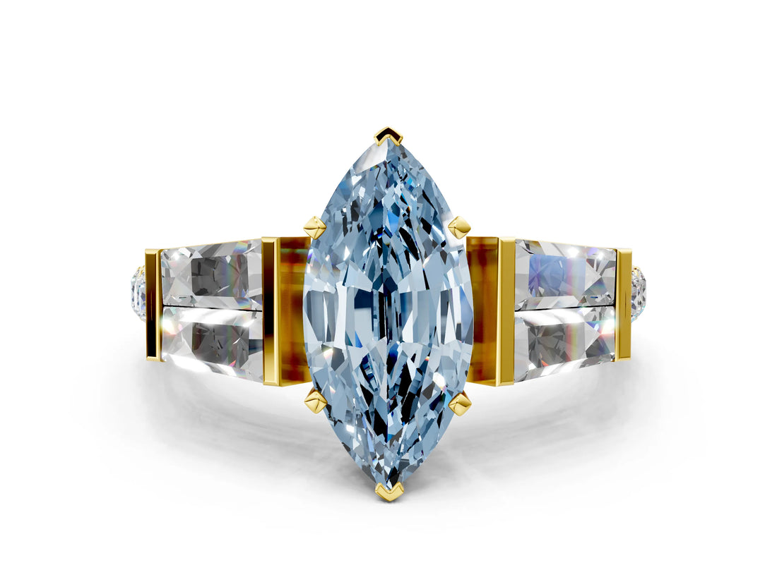 Yellow gold Fancy Blue Marquise Cut Diamond Engagement Ring with Baguette Side Stones and Channel Set Band_19