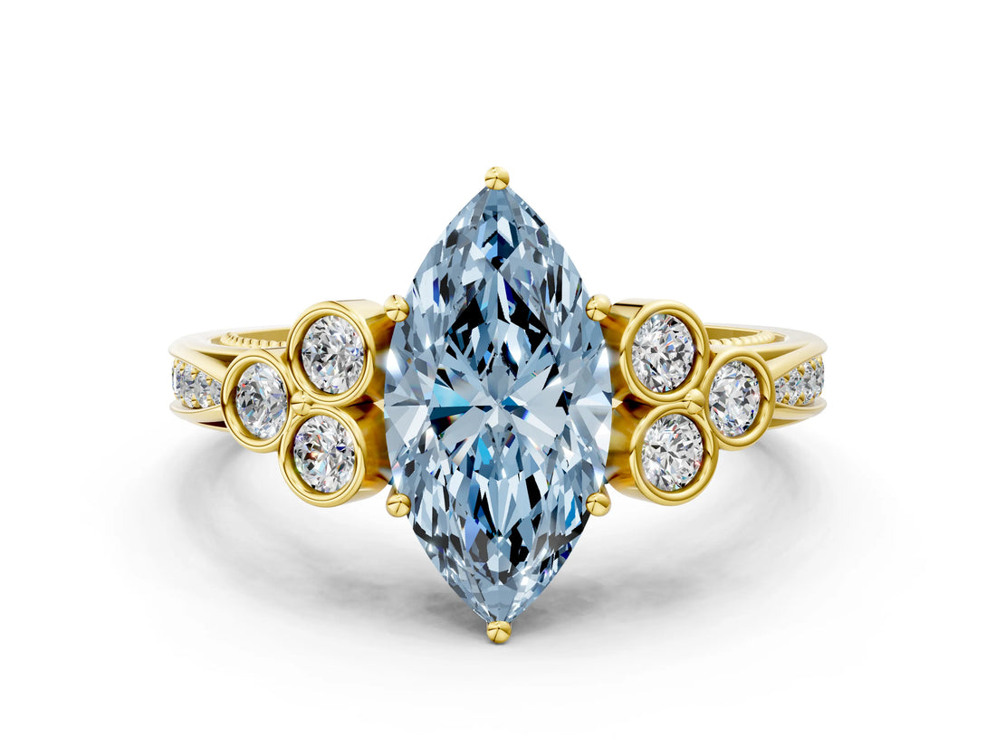 Yellow gold Fancy Blue Marquise  Cut Diamond Engagement Ring with Bezel Set Round Side Stones and Prong Setting_51