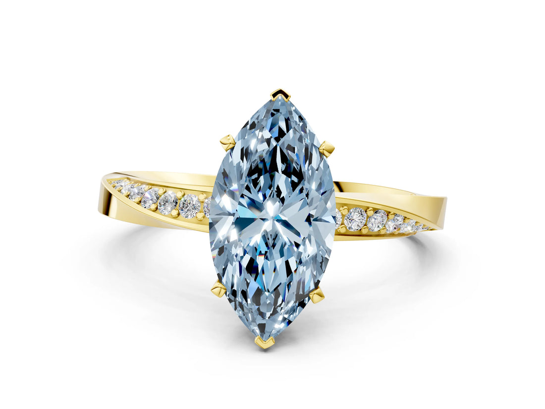 Yellow gold Fancy Blue Marquise Cut Diamond Engagement Ring with Side Stone Accents and Four-Prong Setting_12