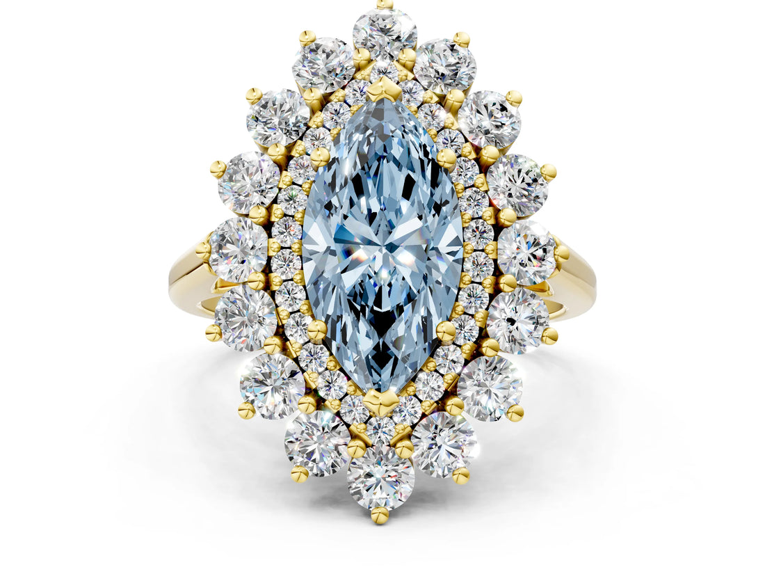 Yellow gold Fancy Blue Marquise Cut Diamond Floral Double Halo Engagement Ring with Prong Setting_24