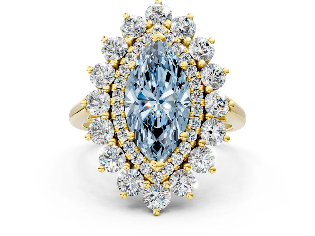 Yellow gold Fancy Blue Marquise Cut Diamond Floral Double Halo Engagement Ring with Prong Setting_60