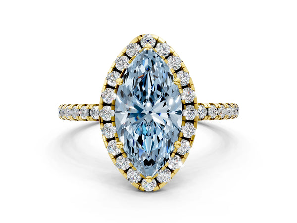 Yellow gold Fancy Blue Marquise  Cut Diamond Floral Halo Engagement Ring with Pavé Band and Prong Setting