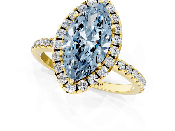 Yellow gold Fancy Blue Marquise  Cut Diamond Floral Halo Engagement Ring with Pavé Band and Prong Setting