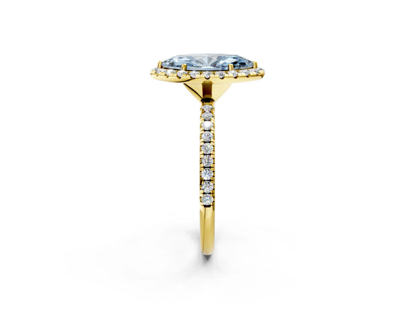 Yellow gold Fancy Blue Marquise  Cut Diamond Floral Halo Engagement Ring with Pavé Band and Prong Setting