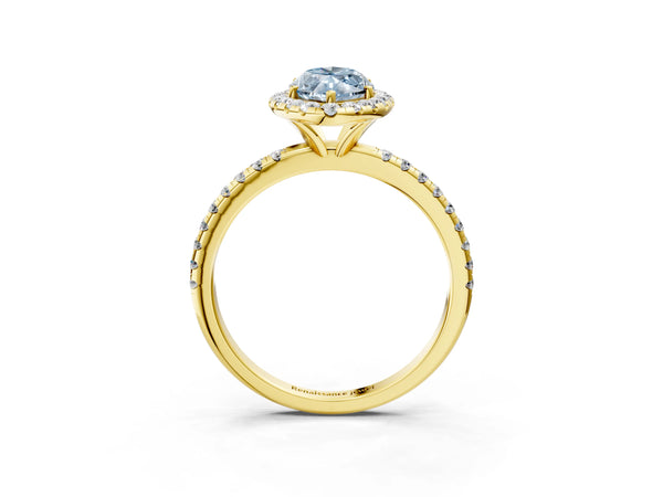 Yellow gold Fancy Blue Marquise  Cut Diamond Floral Halo Engagement Ring with Pavé Band and Prong Setting